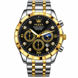 OLEVS Luxury Black & Gold Chronograph Stainless Steel Watch